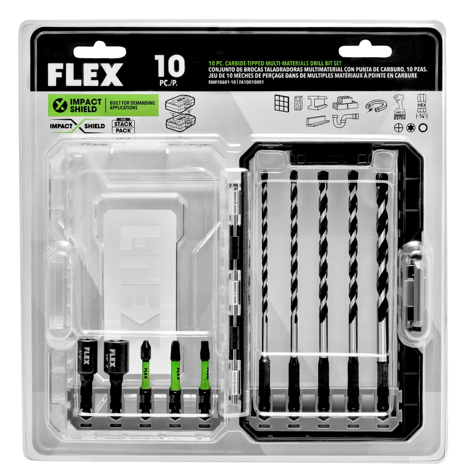 FLEX 10Pc Carbide-Tipped Multi-Construction Drill & Drive Bit Set FAM10601-10