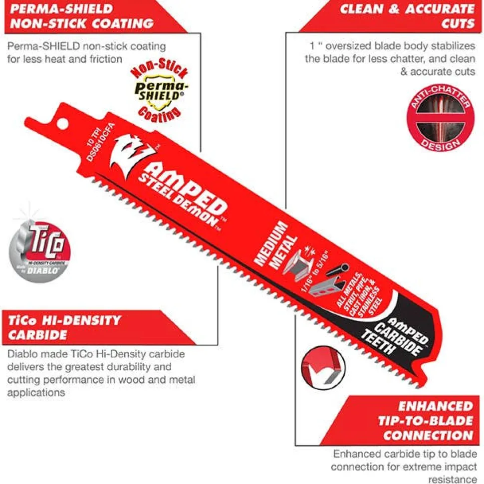 Freud Diablo 6" 10 TPI Steel Demon Amped Medium Metal Carbide Reciprocating Saw Blade DS0610CFA