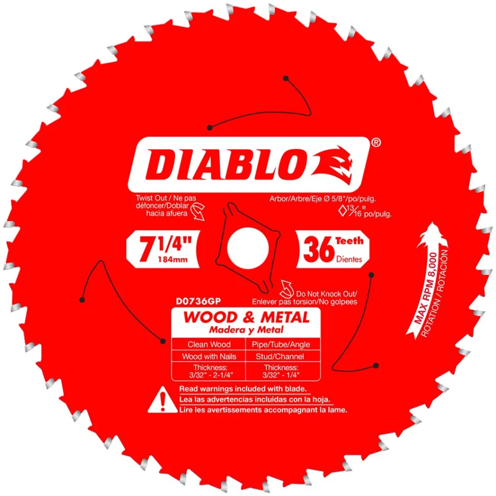 Freud Diablo 7-1/4" x 36 Tooth Wood & Metal Carbide Saw Blade D0736GPA