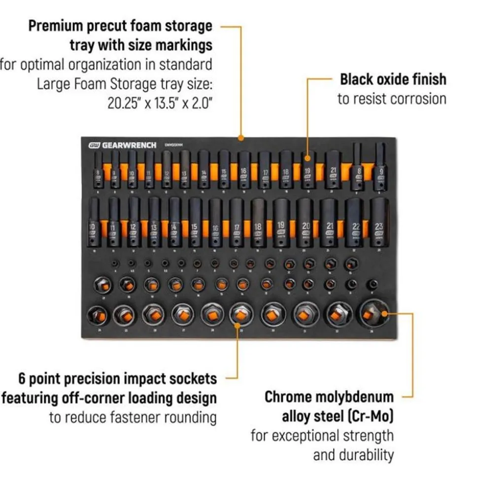 Gearwrench 66 Piece 1/4", 3/8", 1/2" Drive 6 Point Metric Impact Socket Set w/ Foam Storage Tray GWMSISKMM