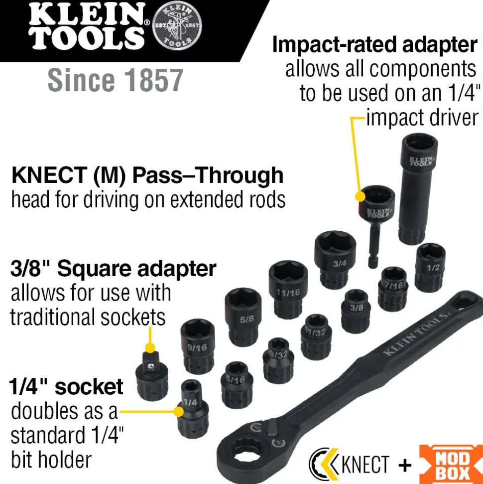 Klein KNECT 8-1/2" Drive Impact-Rated Pass Through Socket Set, 15-Piece 65400