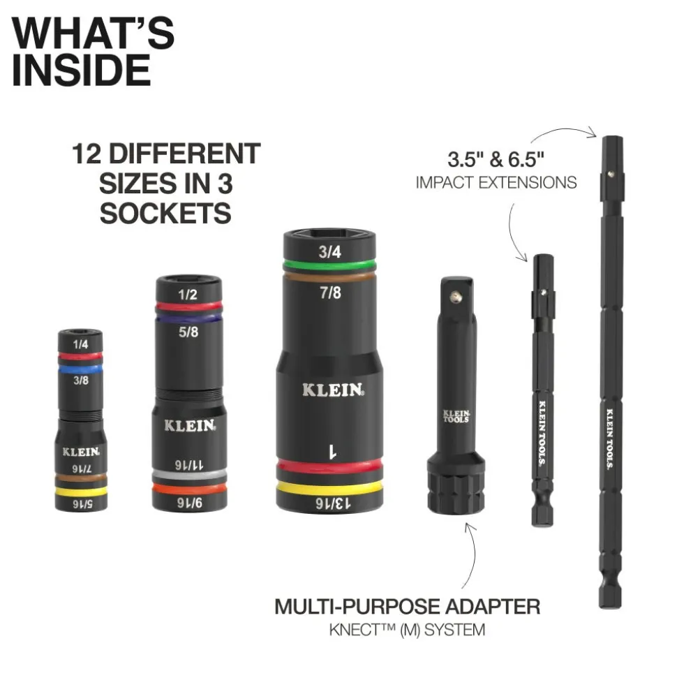 Klein Tools KNECT™ Quad-12 Deep-Well Heavy-Duty Impact Flip Sockets, SAE, 3-Piece 653QS