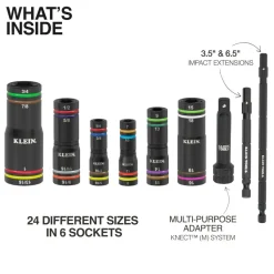 Klein Tools KNECT™ Quad-24 Heavy-Duty Impact Flip Sockets, SAE and Metric, 6-Piece 656QS