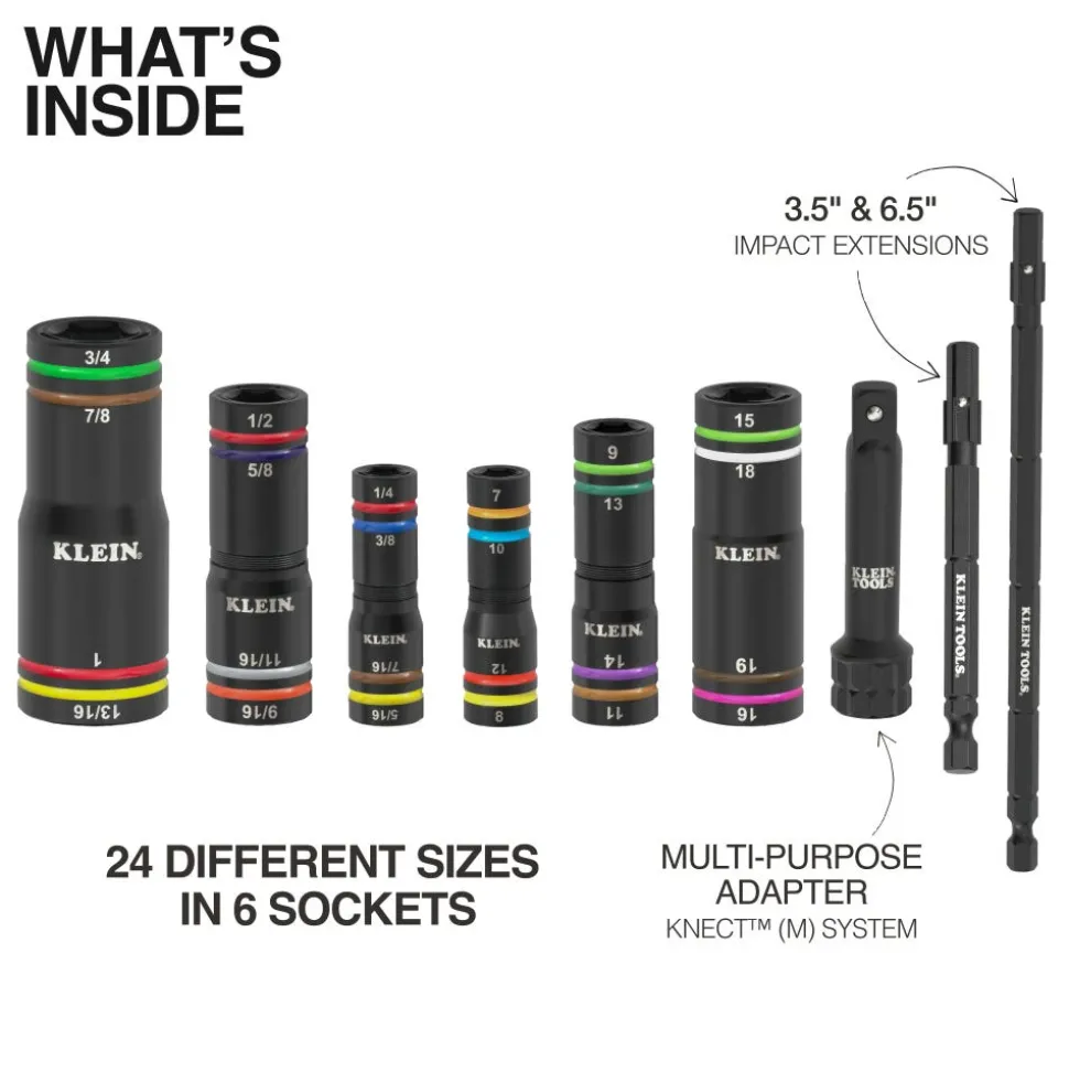 Klein Tools KNECT™ Quad-24 Heavy-Duty Impact Flip Sockets, SAE and Metric, 6-Piece 656QS