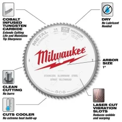 Milwaukee 14" 72 Tooth 1" Arbor Circular Saw Metal & Stainless Cutting Blade 48-40-4505