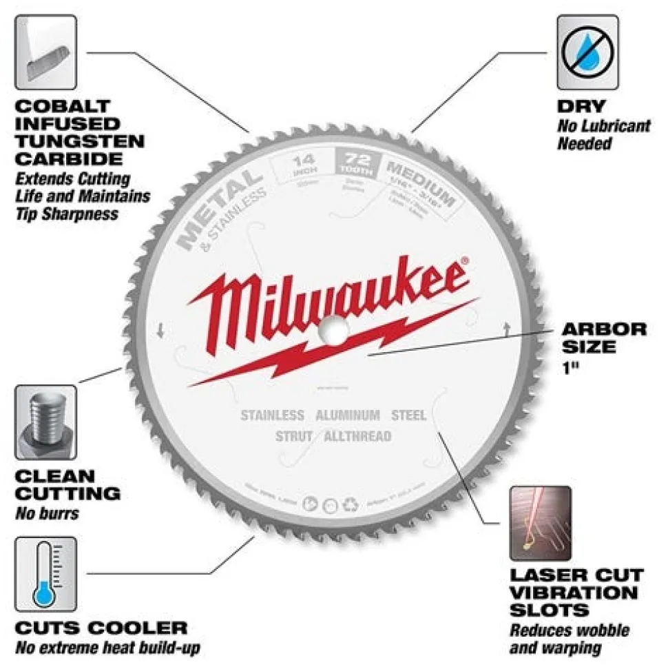 Milwaukee 14" 72 Tooth 1" Arbor Circular Saw Metal & Stainless Cutting Blade 48-40-4505