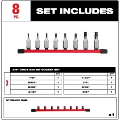 Milwaukee 8 Piece 3/8" Drive Hex Bit Socket Set - SAE 48-22-9542