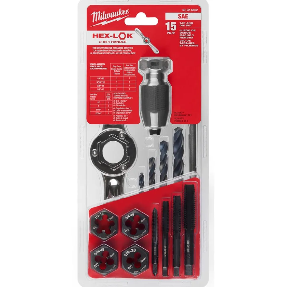 Milwaukee 15 Piece SAE Tap and Die Set with Hex-LOK 2-in-1 Handle 49-22-5602
