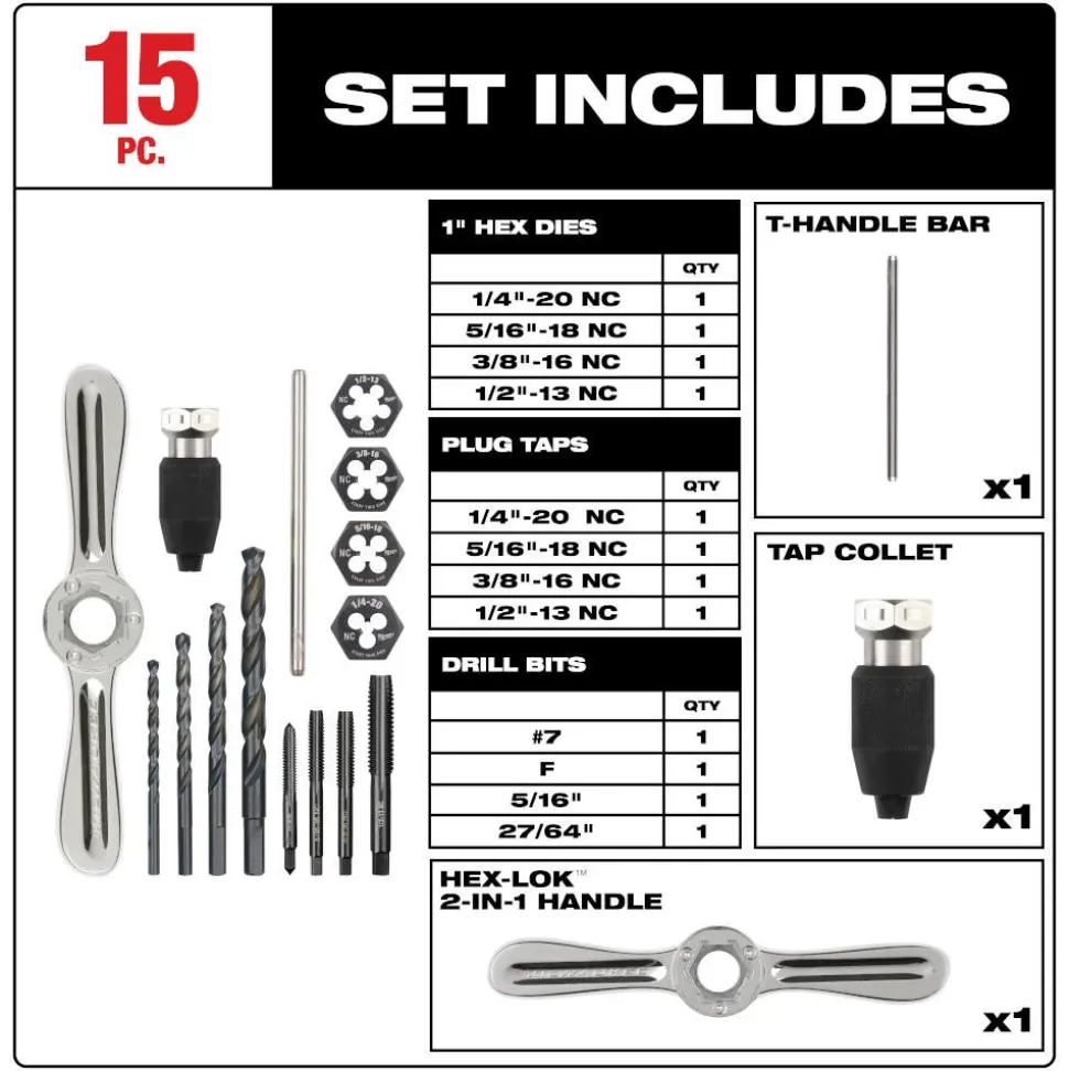 Milwaukee 15 Piece SAE Tap and Die Set with Hex-LOK 2-in-1 Handle 49-22-5602