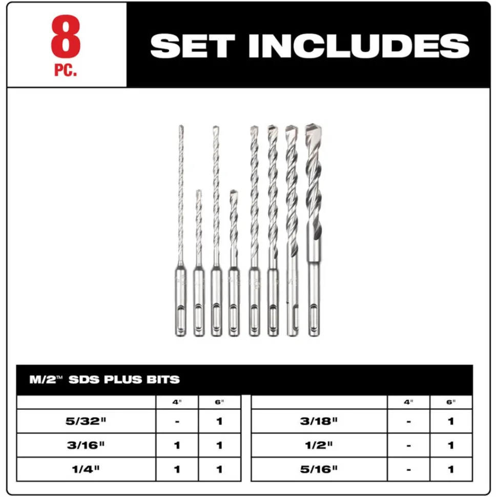 Milwaukee 8 Piece SDS PLUS M/2 2-Cutter Drill Bit Kit for PACKOUT 48-20-7673