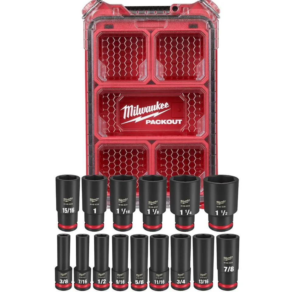 Milwaukee 15 Piece SHOCKWAVE Impact Duty 1/2" Drive SAE PACKOUT Deep Socket Set 49-66-6802