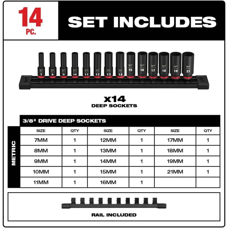 Milwaukee 14 Piece Shockwave Impact Duty 3/8" Drive Metric Deep 6 Point Socket Set 49-66-7008