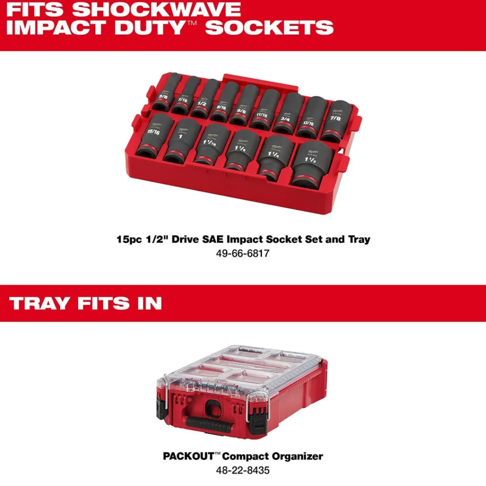 Milwaukee 15 Piece SHOCKWAVE Impact Duty 1/2" Drive SAE PACKOUT Deep Socket Tray Set 49-66-6817