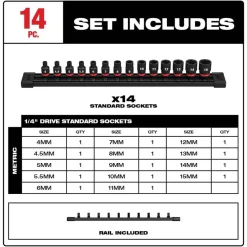 Milwaukee 14 Piece Shockwave Impact Duty 1/4" Drive Metric Standard 6 Point Socket Set 49-66-7002