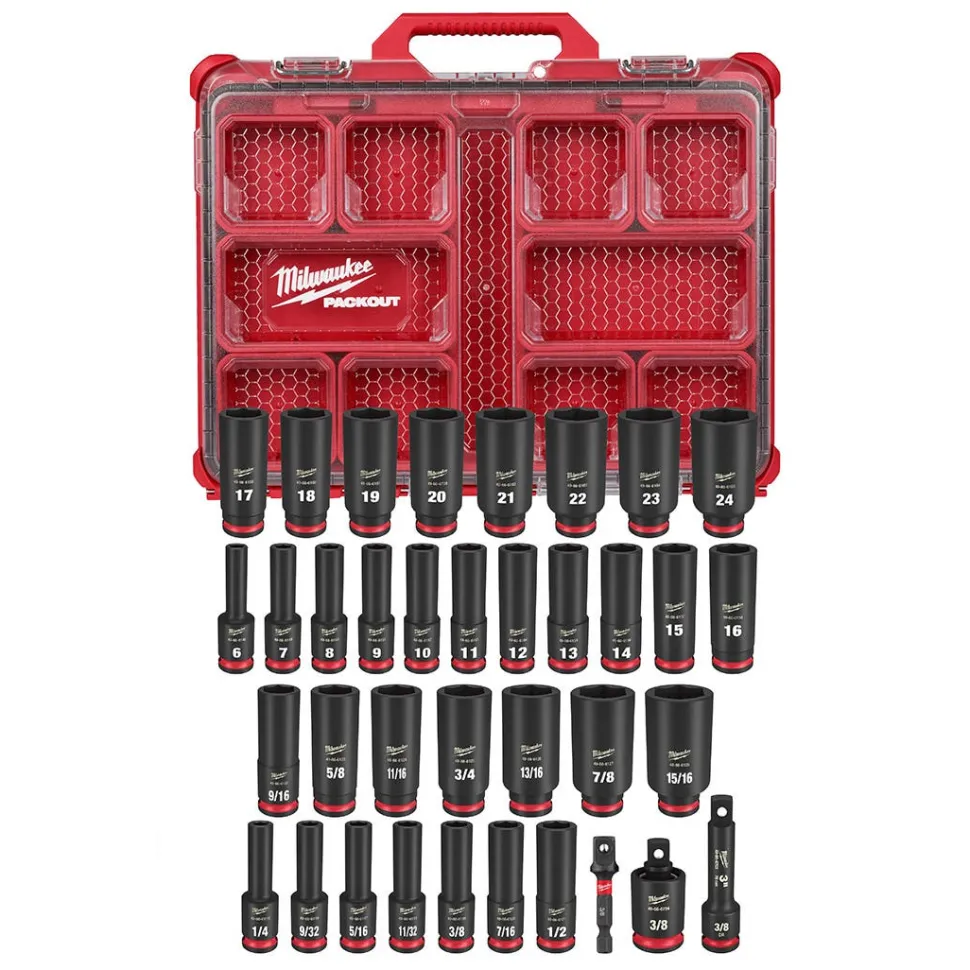 Milwaukee 36 Piece SHOCKWAVE Impact Duty 3/8" Drive Metric & SAE PACKOUT Deep Socket Set 49-66-6805