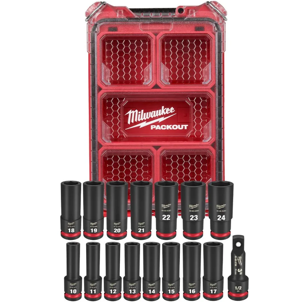 Milwaukee 16 Piece SHOCKWAVE Impact Duty 1/2" Drive Metric PACKOUT Deep Socket Set 49-66-6803