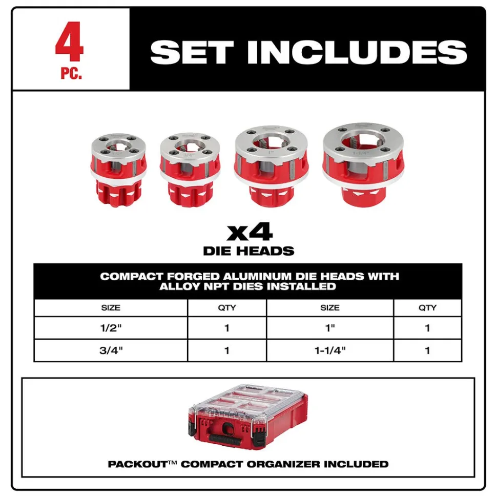 Milwaukee 1/2" to 1-1/4" Alloy NPT Compact 11R Pipe Threading 4 Head Kit (600-I) 48-36-1063