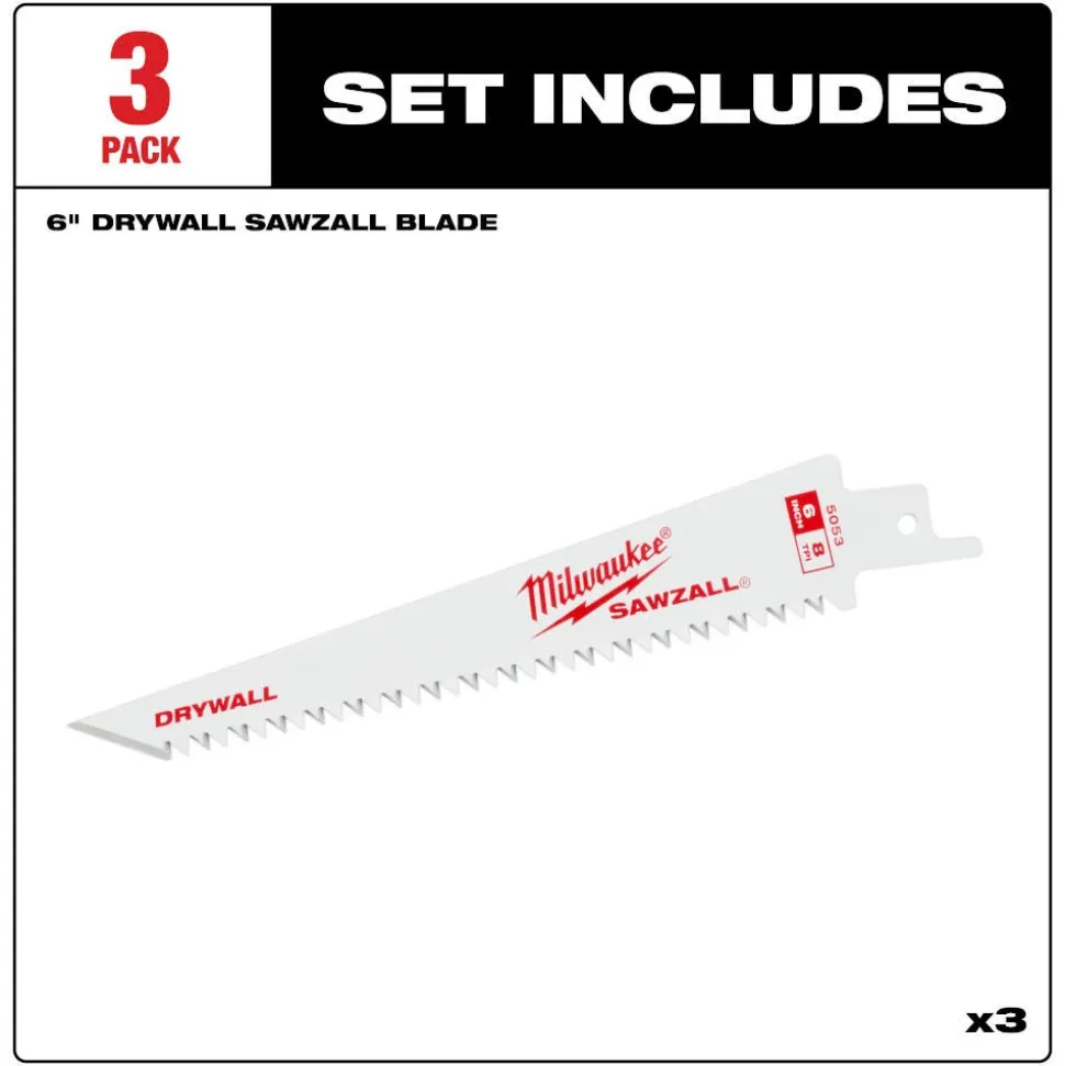 Milwaukee 6" 8TPI Drywall SAWZALL Blades (3 pk) 48-00-5053