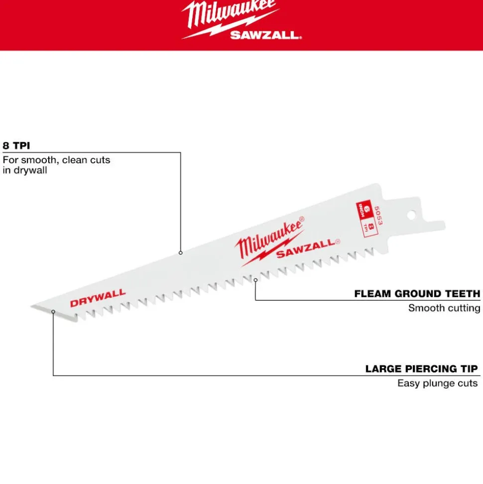 Milwaukee 6" 8TPI Drywall SAWZALL Blades (3 pk) 48-00-5053