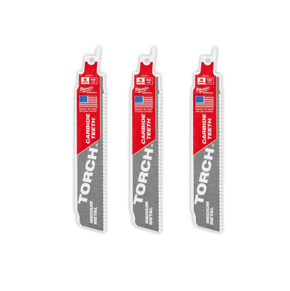 Milwaukee 6" 10TPI TORCH w/ Carbide Teeth Medium Metal Reciprocating Saw Blade - 3 pc 48-00-5351