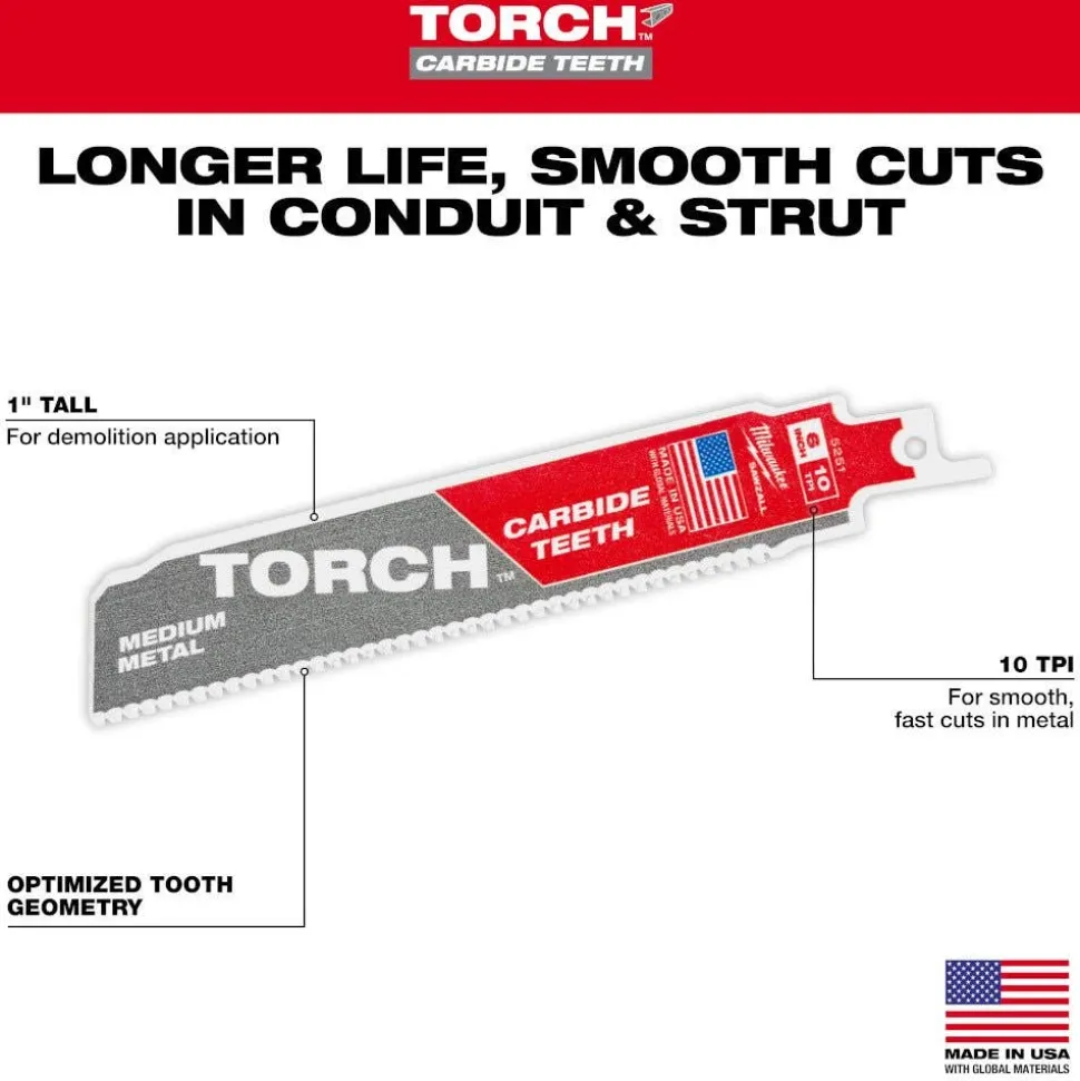 Milwaukee 6" 10TPI TORCH w/ Carbide Teeth Medium Metal Reciprocating Saw Blade - 3 pc 48-00-5351