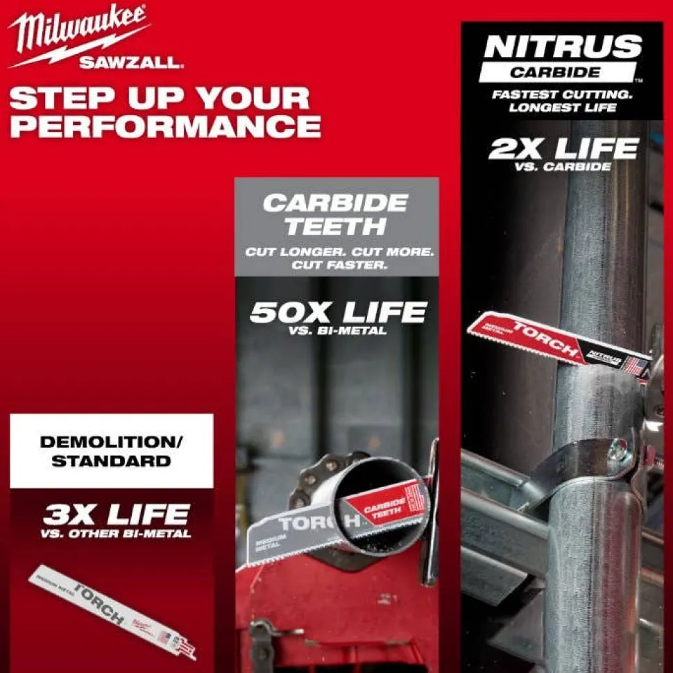 Milwaukee 6" 10TPI TORCH w/ Carbide Teeth Medium Metal Reciprocating Saw Blade - 3 pc 48-00-5351