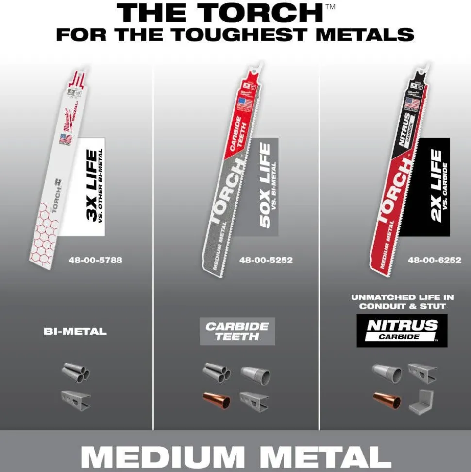 Milwaukee 6" 10TPI TORCH w/ Carbide Teeth Medium Metal Reciprocating Saw Blade - 3 pc 48-00-5351