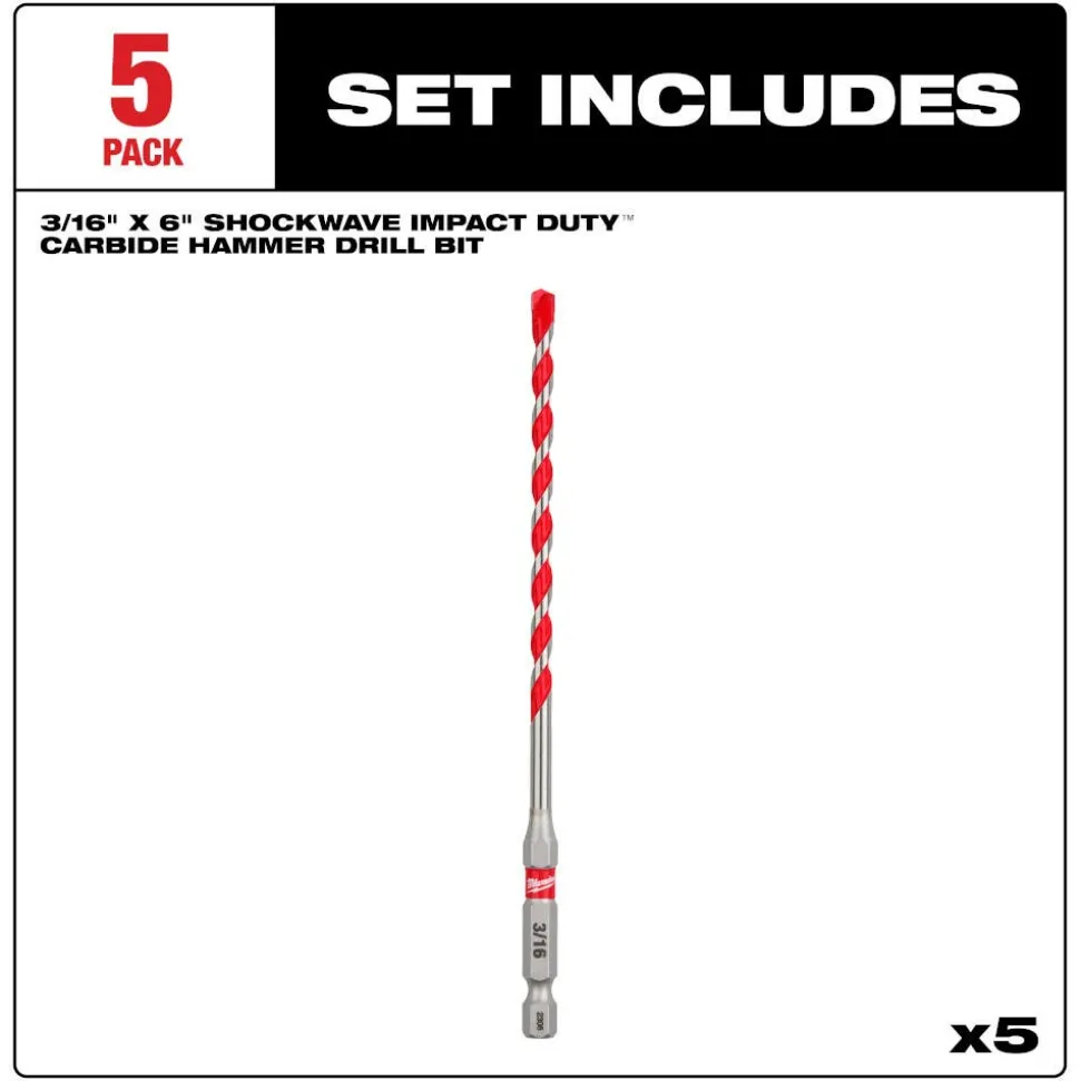 Milwaukee 3/16" x 4" x 6" SHOCKWAVE Impact Duty Carbide Hammer Drill Bits - Bulk 5 PK 48-20-9157
