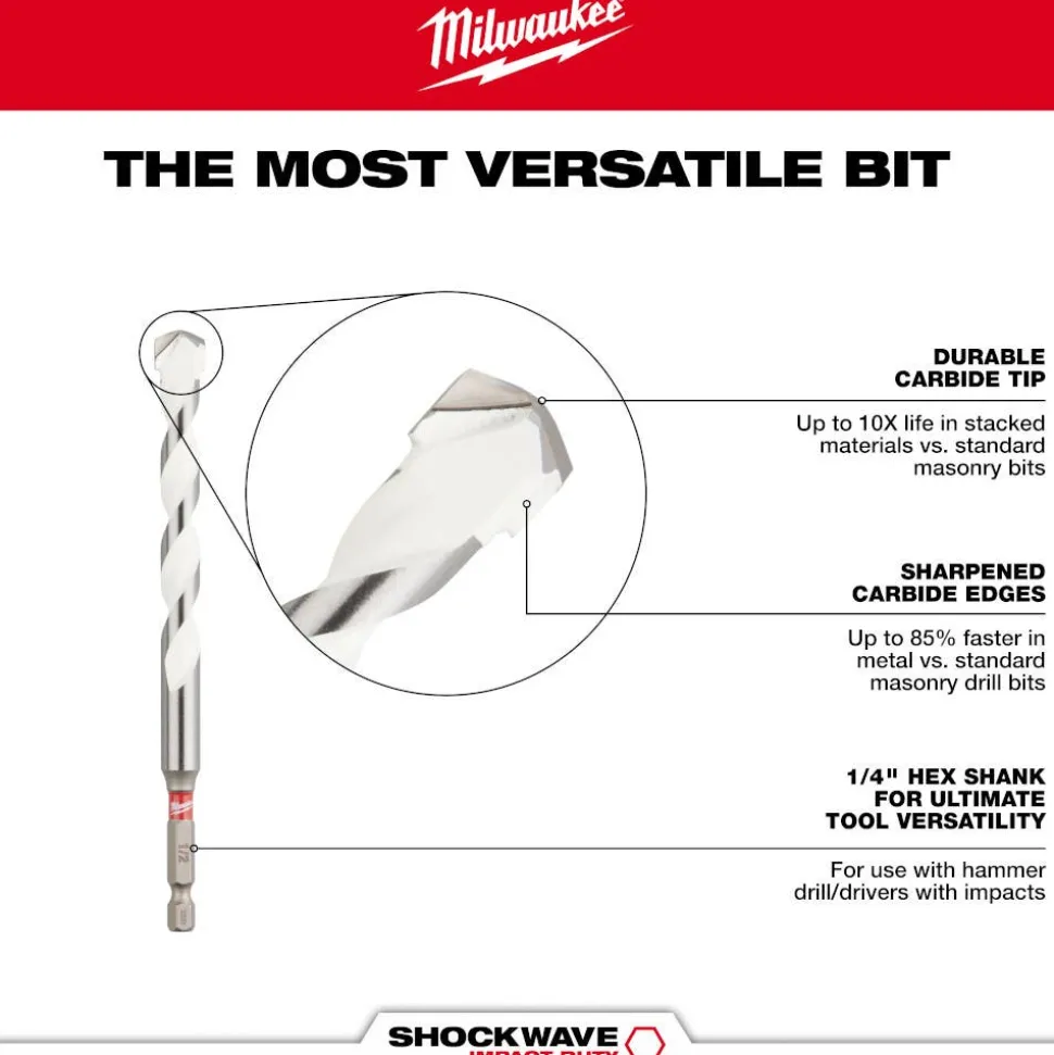 Milwaukee 1/2" x 10" x 12" SHOCKWAVE Impact Duty Carbide Multi-Material Drill Bit 48-20-8893