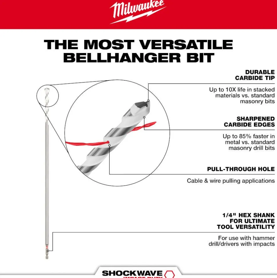Milwaukee 3/8" x 16" x 18" SHOCKWAVE Impact Duty Carbide Bellhanger Multi-Material Bit 48-20-8864