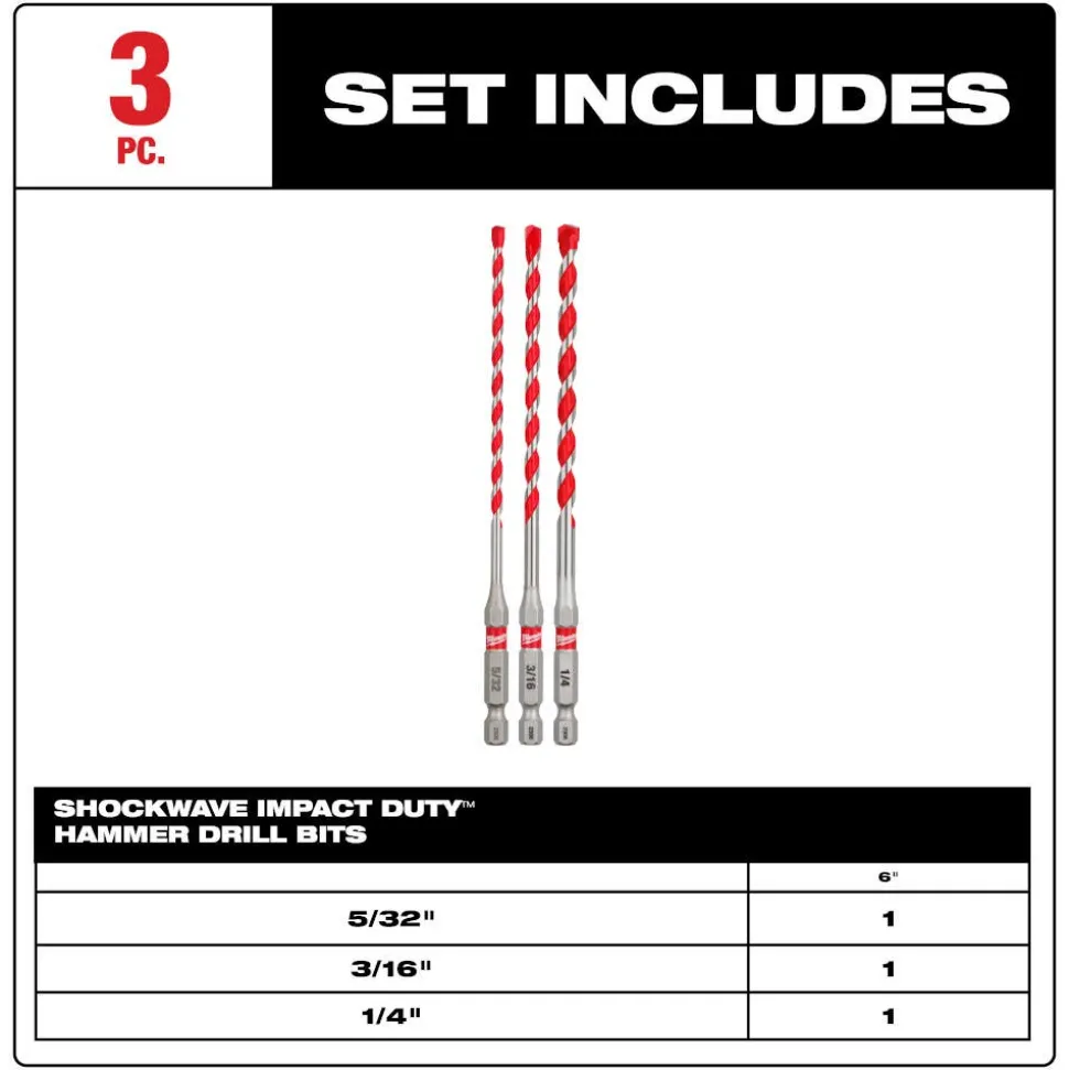 Milwaukee 3PC. SHOCKWAVE Impact Duty Carbide Hammer Drill Bit Set 48-20-9050