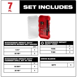 Milwaukee 7PC. SHOCKWAVE Impact Duty Carbide Hammer Drill Bit Concrete Screw Install Set 48-20-9097