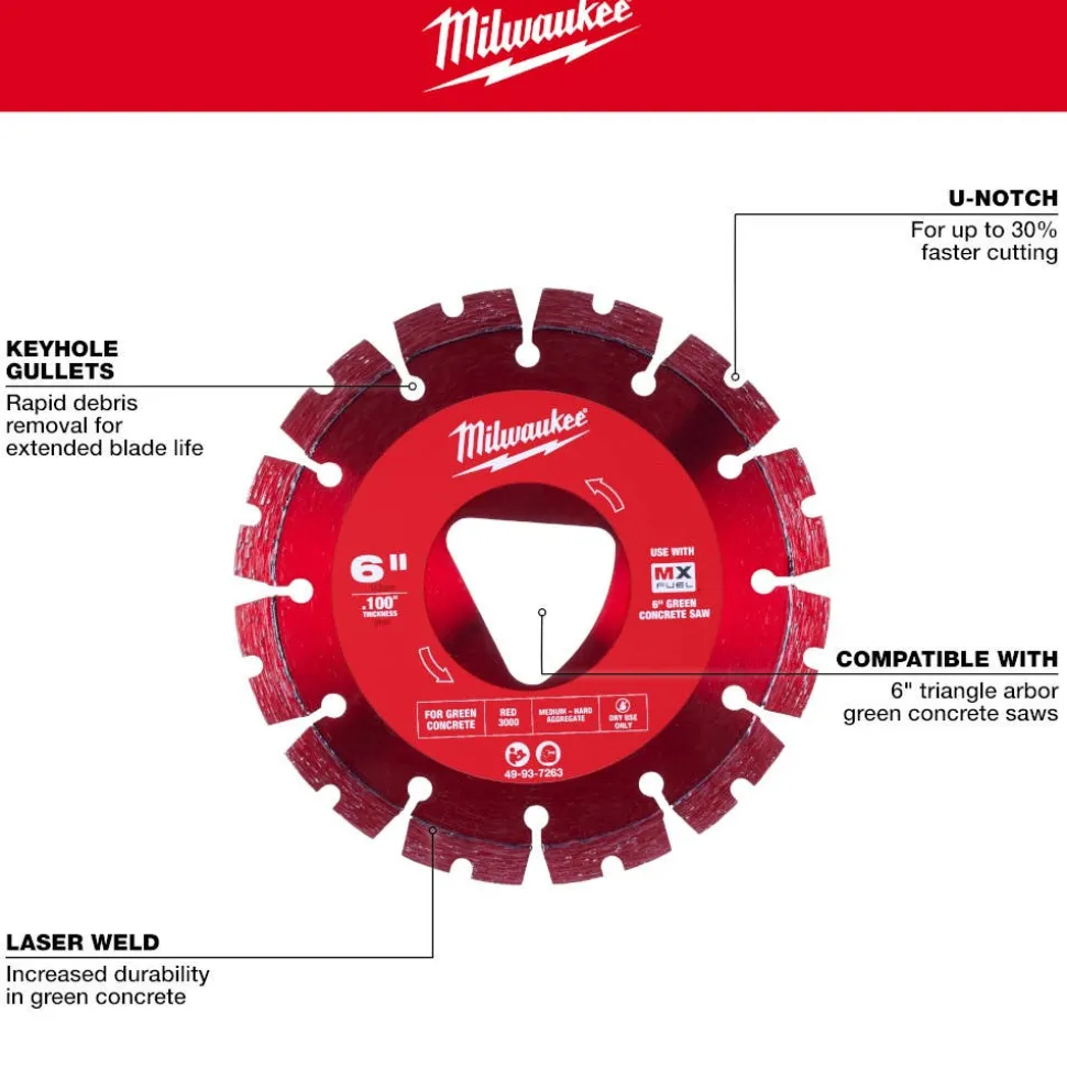 Milwaukee Red 6" x .100" Diamond Blade for Green Concrete (Medium-Hard) 49-93-7263
