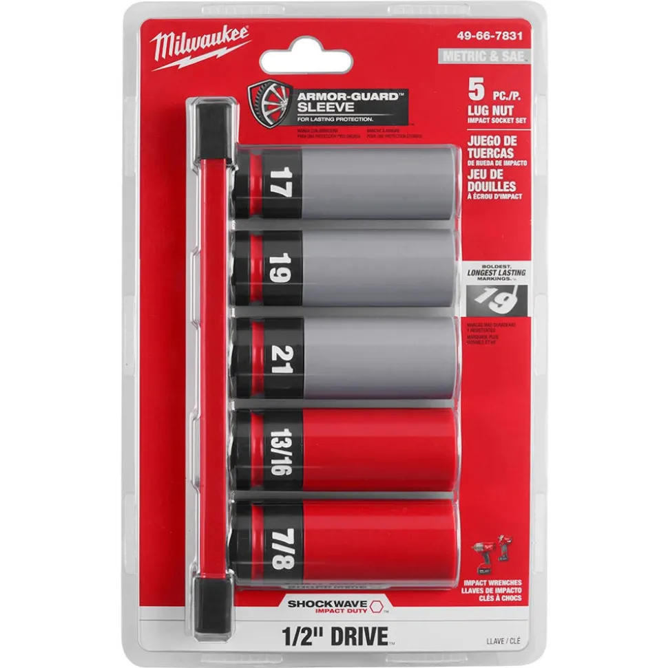 Milwaukee SHOCKWAVE Impact Duty 1/2" Drive SAE & Metric 5 Piece Lug Nut Wheel Socket Set 49-66-7831