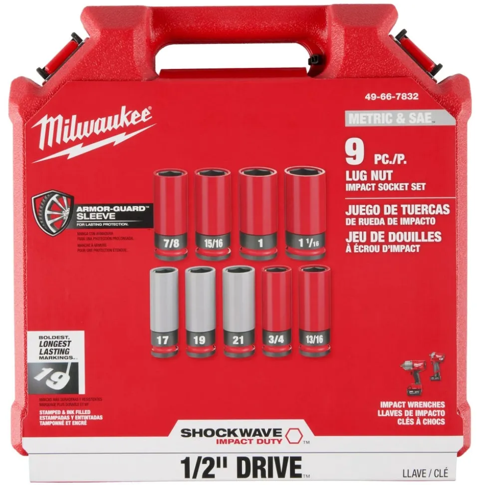 Milwaukee SHOCKWAVE Impact Duty 1/2" Drive SAE & Metric 9 Piece Lug Nut Wheel Socket Set 49-66-7832