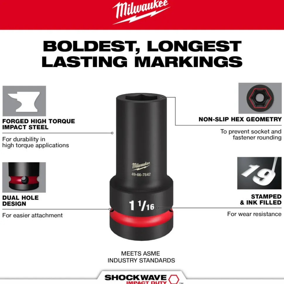 Milwaukee SHOCKWAVE Impact Duty 1" Drive 1-1/16" Thin Wall Extra Deep 6 Point Socket 49-66-7842