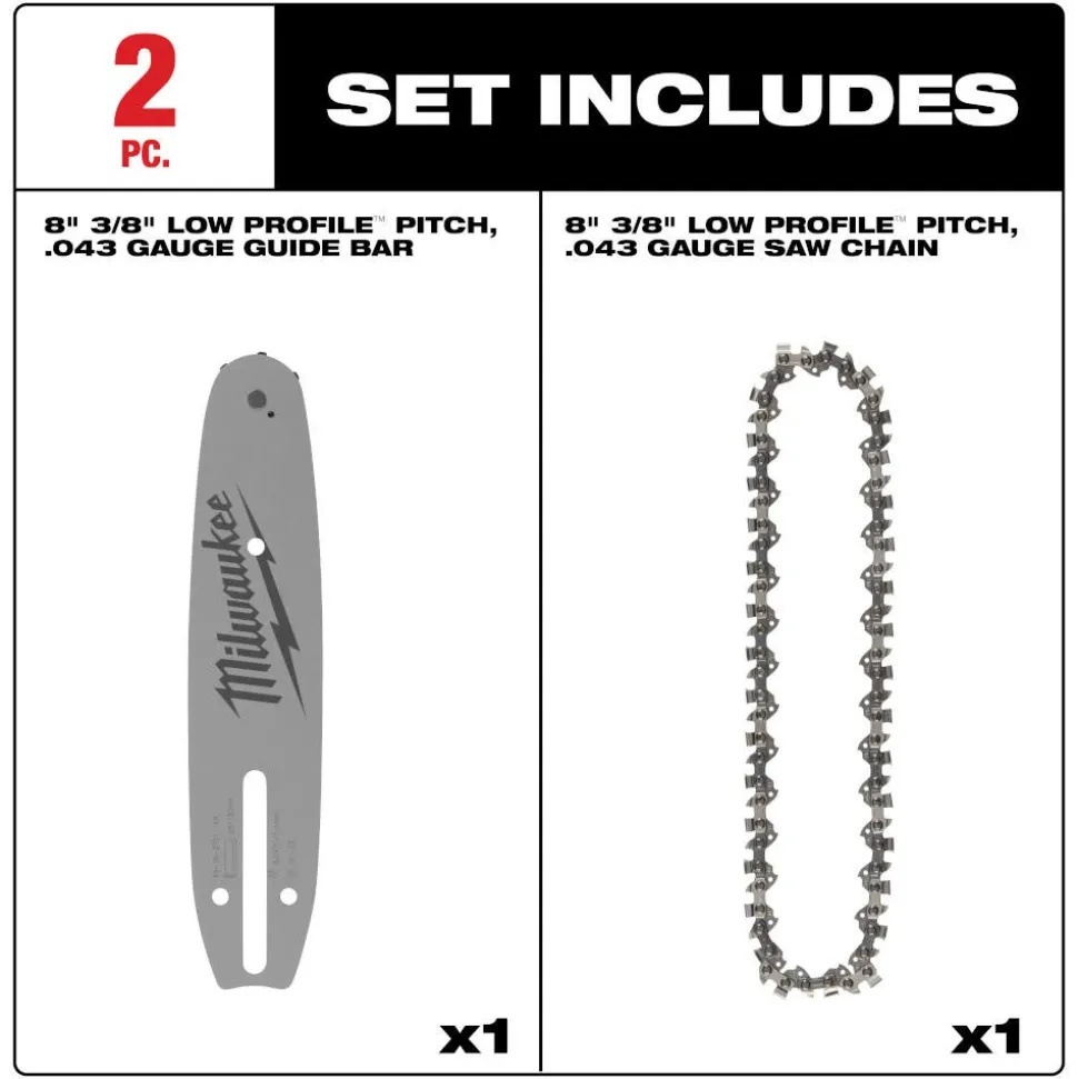 Milwaukee Tools 8" 3/8" LOW PROFILE Pitch, .043" Gauge Saw Chain and Guide Bar Set 49-16-2818