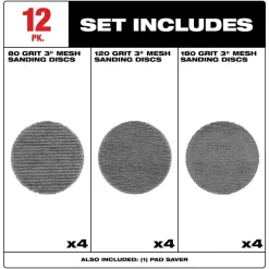 Milwaukee Tools 3” Assorted 80, 120, 180 Grit Mesh Sanding Discs with POWERGRID Tear Resistant Mesh – 12 pk + Pad Saver 48-80-6405