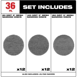 Milwaukee Tools 3” Assorted 80, 120, 180 Grit Mesh Sanding Discs with POWERGRID Tear Resistant Mesh – 36 pk + 3 Pad Savers 48-80-6406