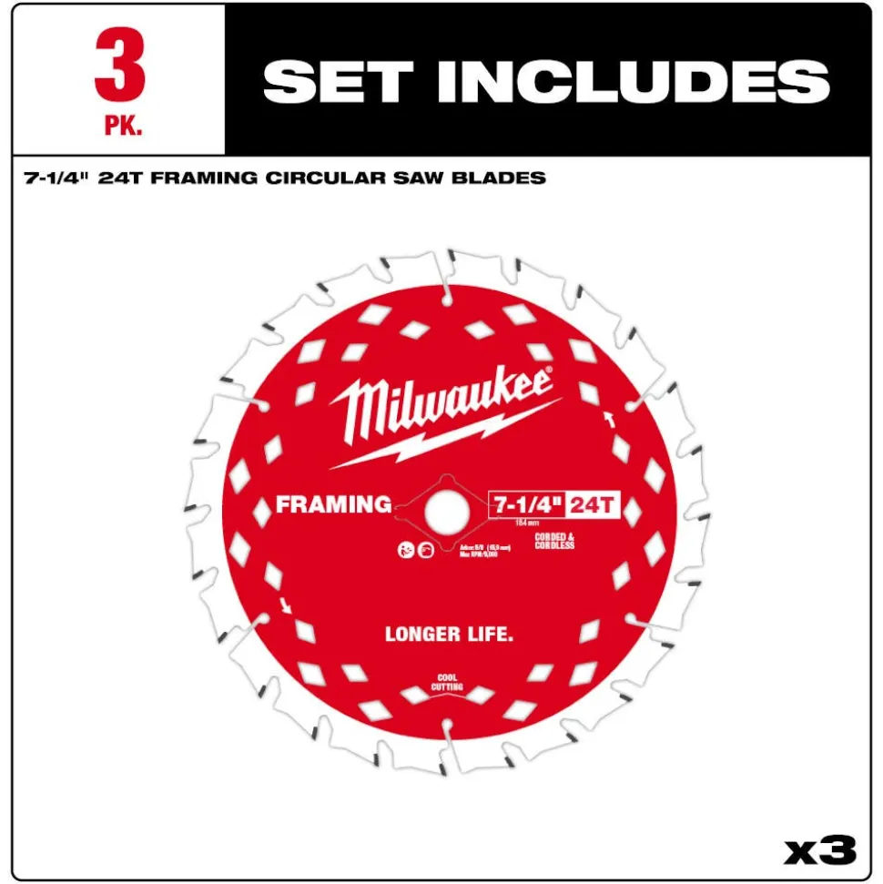 Milwaukee Tools 7-1/4" 24T Framing Circular Saw Blade - 3PK 48-40-0733