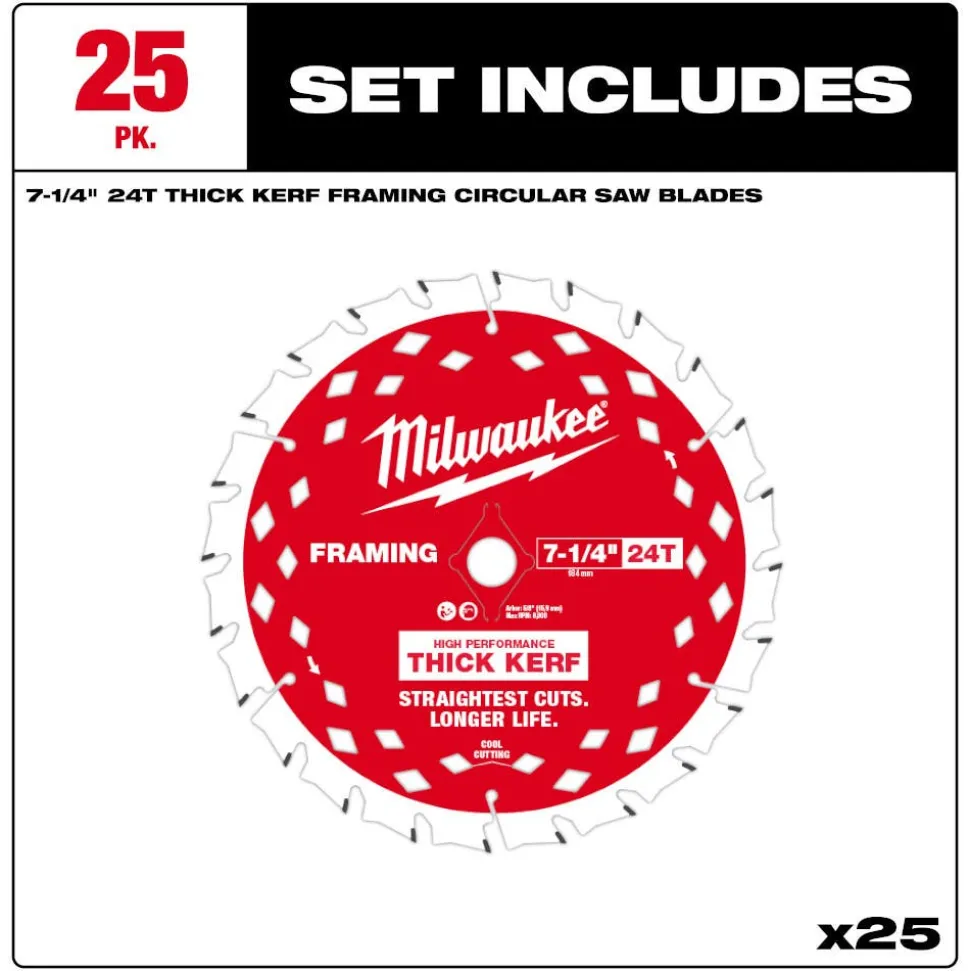 Milwaukee Tools 7-1/4" 24T Thick Kerf Framing Circular Saw Blade Contractor Pack - 25PK 48-40-2740