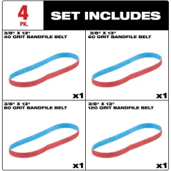 Milwaukee Tools 3/8” x 13” 40/60/80/120 Grit Bandfile Belts – 4 pack variety 48-80-7000