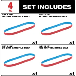 Milwaukee Tools 1/2” x 18” 40/60/80/120 Grit Bandfile Belts – 4 pack variety 48-80-9000