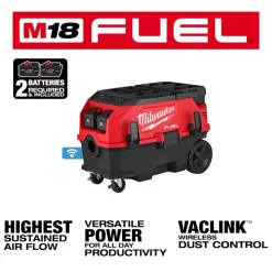 Milwaukee Tools M18 FUEL™ 9 Gallon Dual Battery or AC / PACKOUT™ / VACLINK™ Wet/Dry Dust Extractor Vac (12.0Ah) Kit 0888-22HD