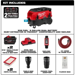 Milwaukee Tools M18 FUEL™ 9 Gallon Dual Battery or AC / PACKOUT™ / VACLINK™ Wet/Dry Dust Extractor Vac (12.0Ah) Kit 0888-22HD