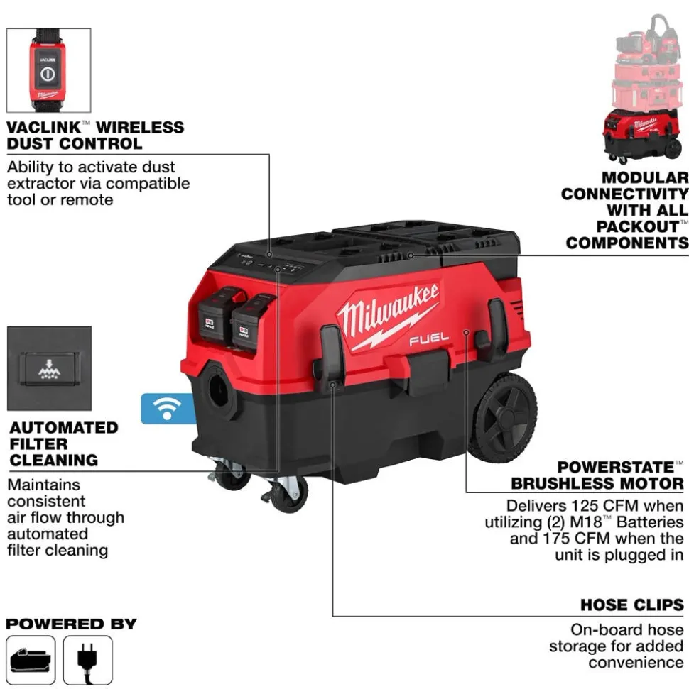 Milwaukee Tools M18 FUEL™ 9 Gallon Dual Battery or AC / PACKOUT™ / VACLINK™ Wet/Dry Dust Extractor Vac (12.0Ah) Kit 0888-22HD