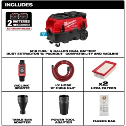 Milwaukee Tools M18 FUEL™ 9 Gallon Dual Battery or AC / PACKOUT™ / VACLINK™ Wet/Dry Dust Extractor Vac 0888-20