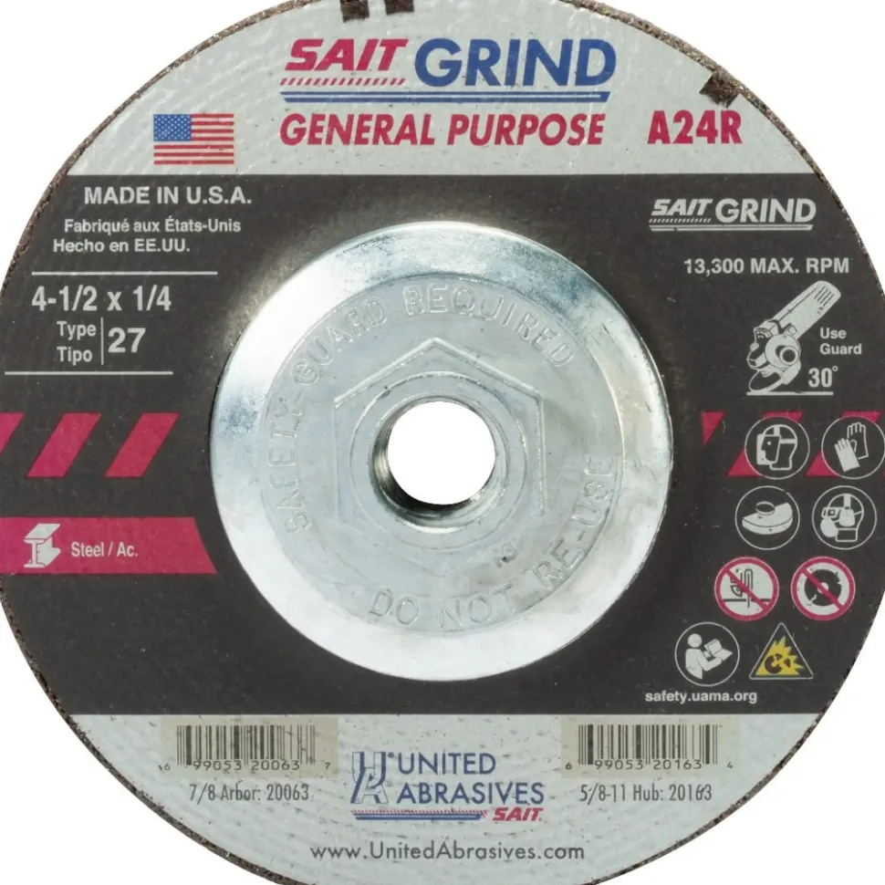 United Abrasives Sait 4-1/2" x 1/4" x 5/8"-11 A24R Long Life Type 27 Depressed Center Grinding Wheels 20163