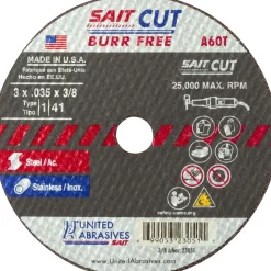 United Abrasives Sait A60T Burr Free Thin High Speed Cut-Off Wheels 3" x .035" x 3/8", 1-Pack 23051