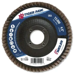 Weiler Tiger Paw Coated Abrasive Flap Disc, 4-1/2", 60 Grit, 7/8 Arbor, 13000 rpm, Type 27 51109
